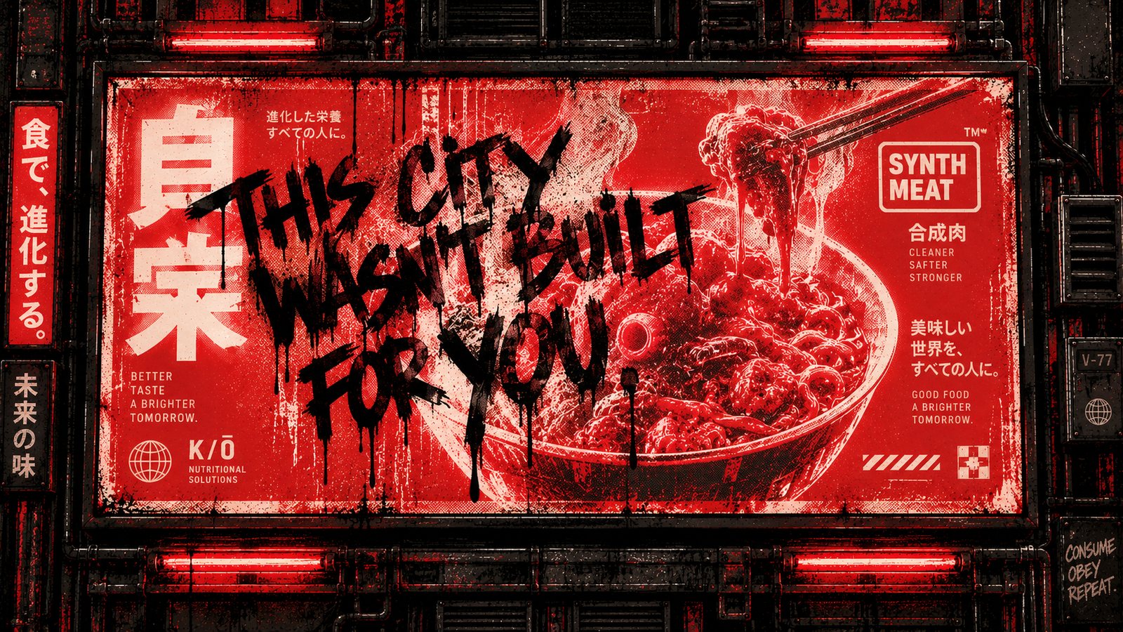 Anúncio em neon de uma tigela de ramen com a frase This city wasn't built for you em grafite por cima
