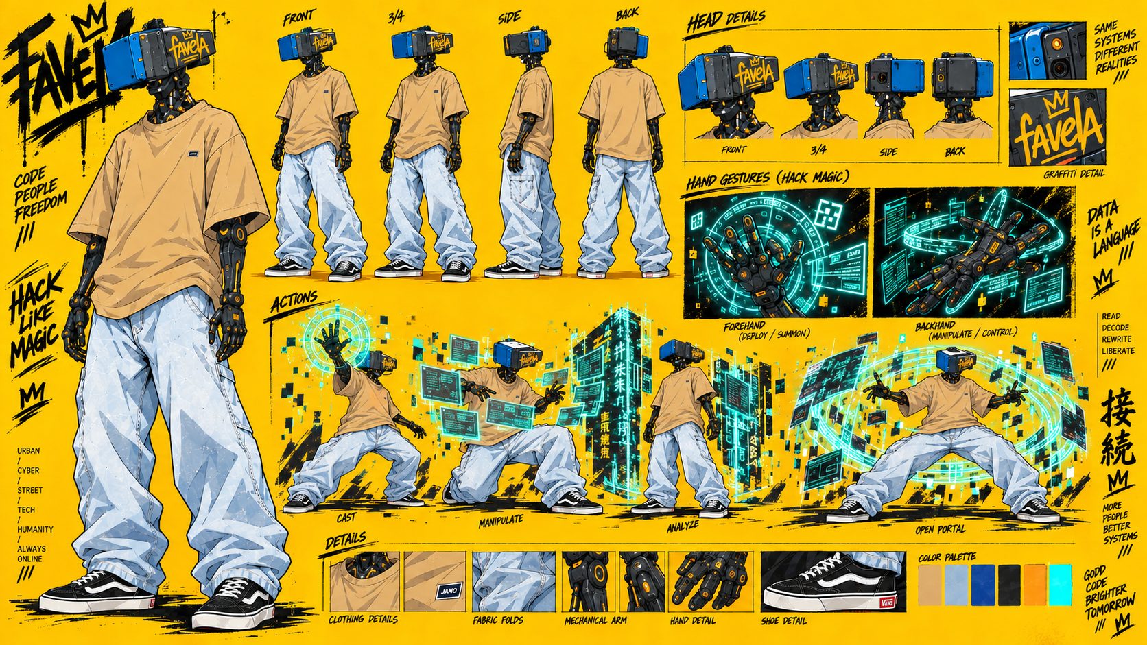 Folha de personagem 2, com vistas, detalhes e poses