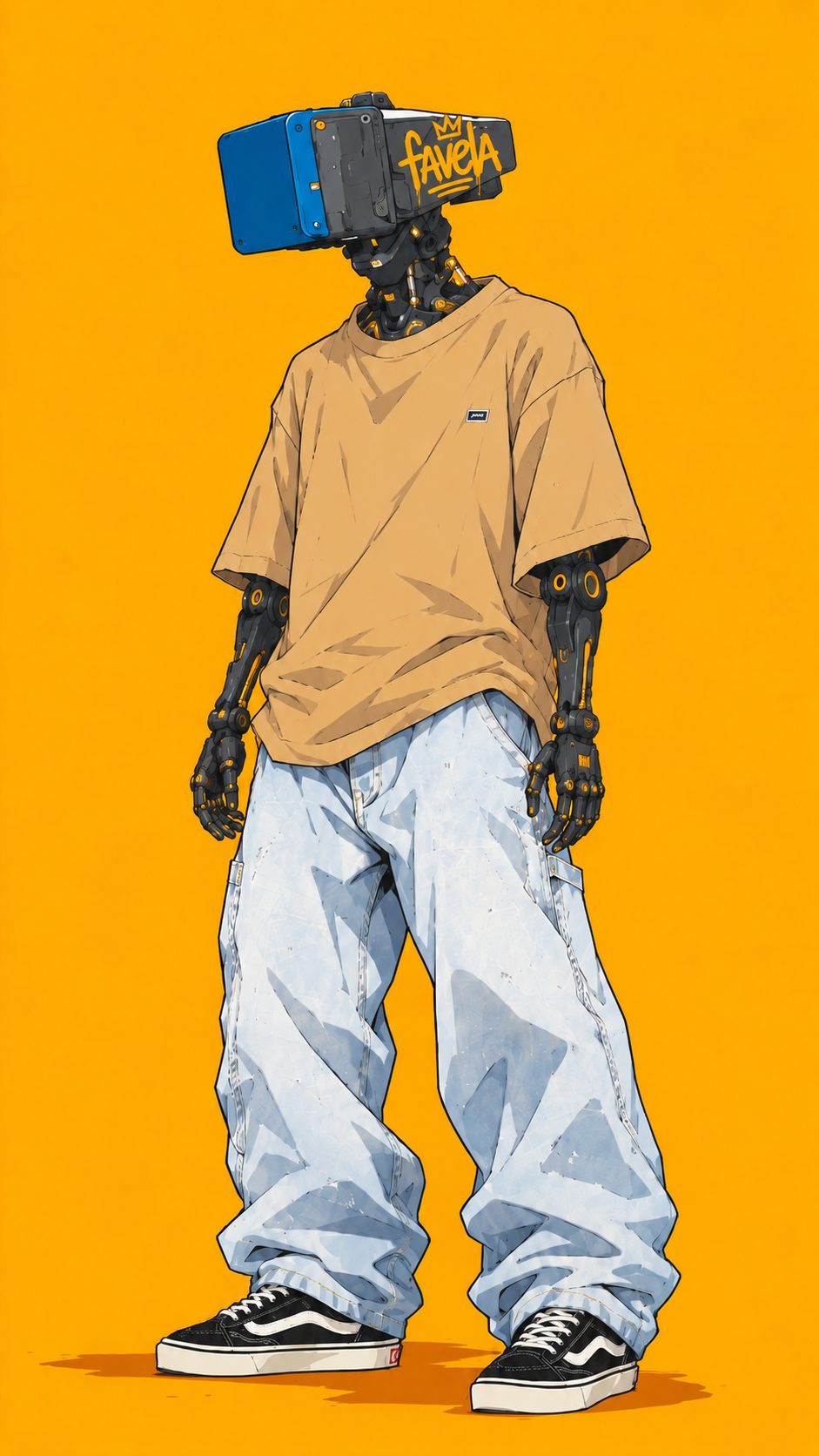 Primeira versão de personagem, em fundo amarelo