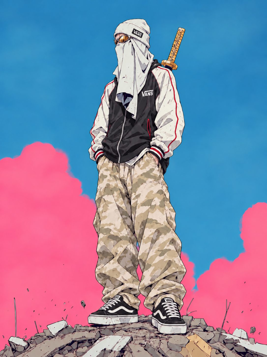 Primeira versão de personagem, em fundo azul e rosa