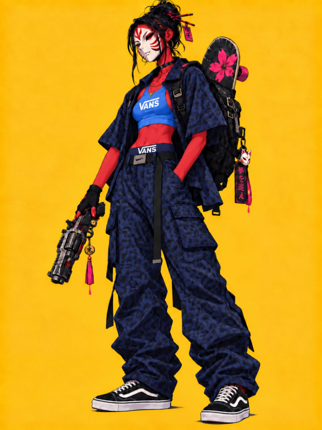 Primeira versão de personagem com máscara de raposa, em fundo amarelo