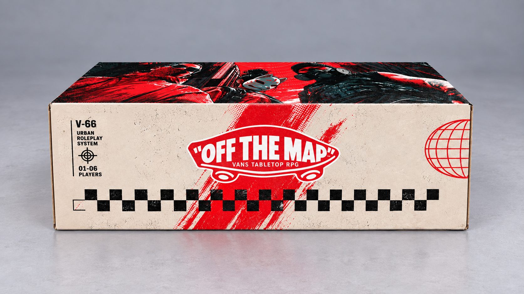 Frente da caixa com o selo OFF THE MAP Vans Tabletop RPG e os três heróis na tampa