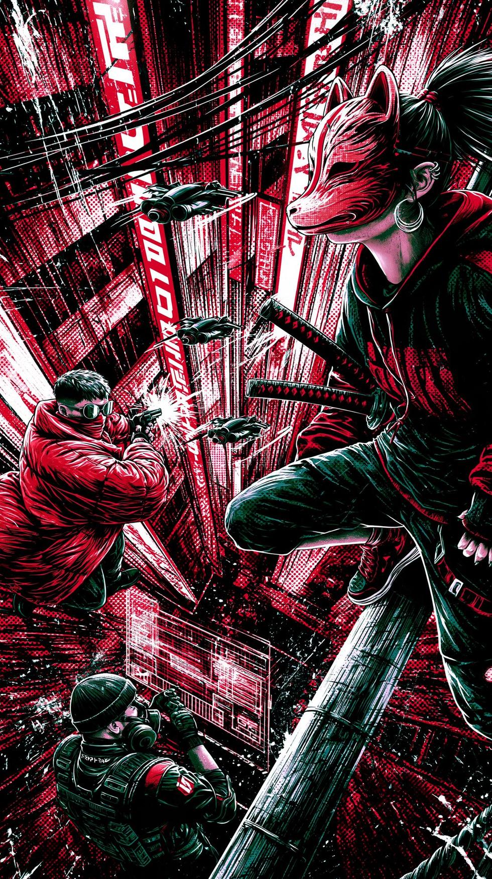 Kitsune em primeiro plano, com Redline e drones ao fundo