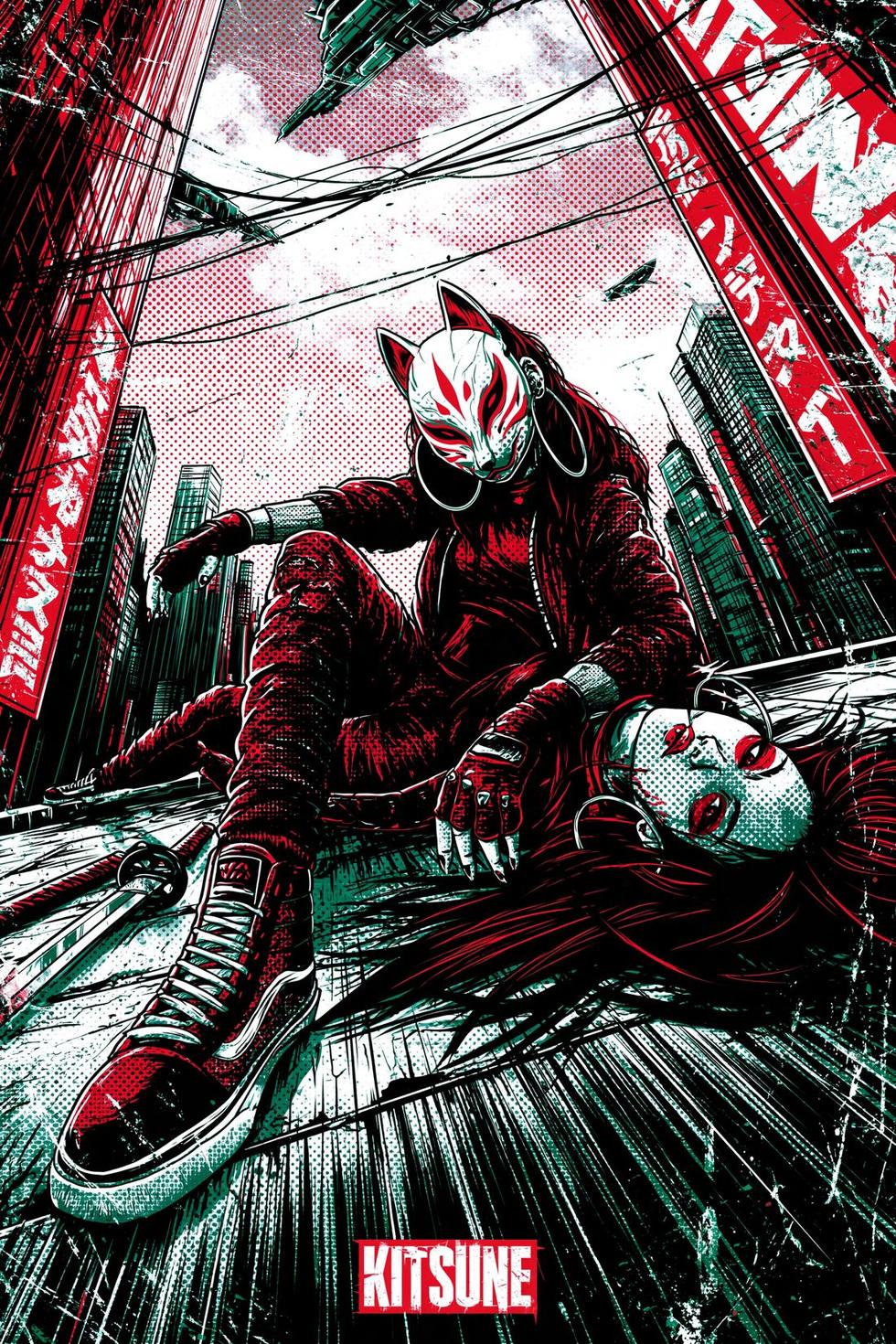 Pôster da Kitsune, sentada sobre a rua