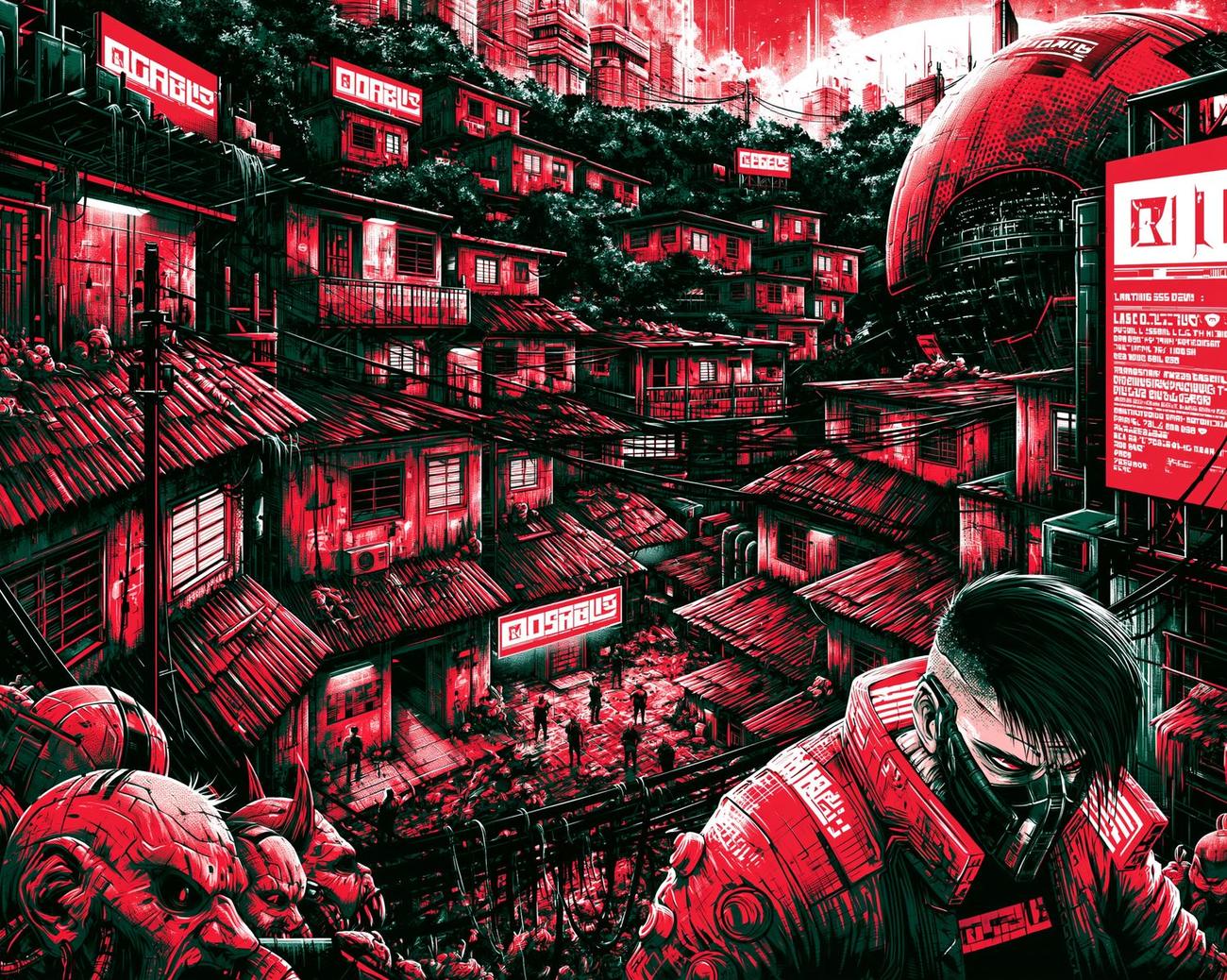 Cenário: morro cyberpunk com o herói em primeiro plano