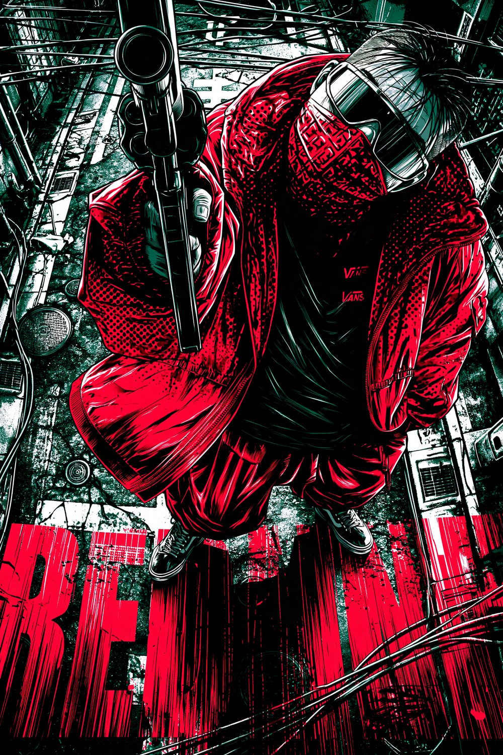 Ilustração de Redline, o pistoleiro de jaqueta vermelha, apontando a arma