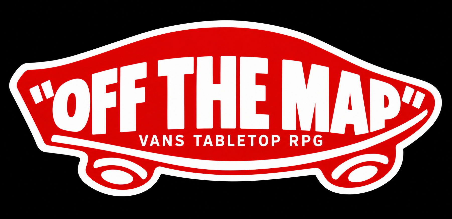 Logo OFF THE MAP — Vans Tabletop RPG, em um shape de skate vermelho e branco