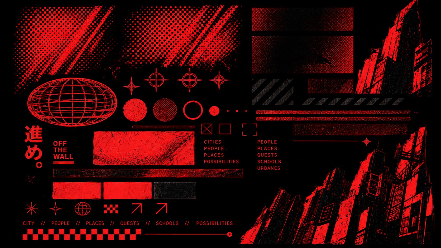 Kit gráfico do universo em vermelho e preto: halftone, miras, globo em wireframe, faixas de alerta, kanji e prédios cyberpunk em contra-plongée